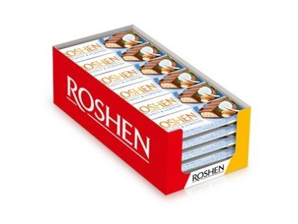 Roshen Mléčná čokoláda s kouskami mandlí a kokosovou náplní Roshen Čokoládová tyčinka s arašídy 30 x 38 g