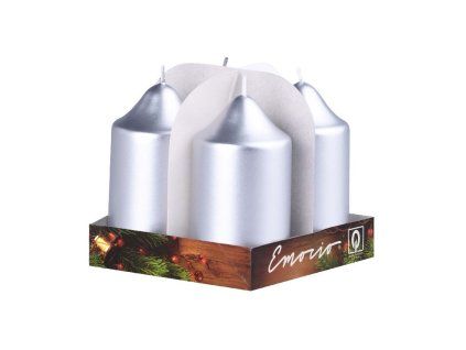 Emocio adventní válec 4ks 50x90 Metal stříbrné svíčky