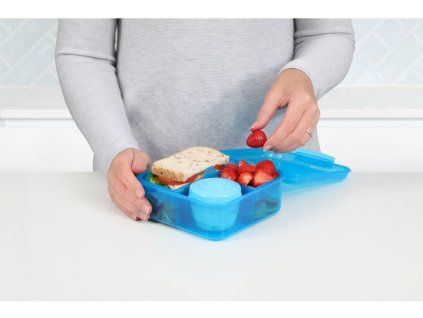Sistema Dělený svačinový box Lunch Bento Cube s nádobou na jogurt a 2 tácky 1,25 l, modrá