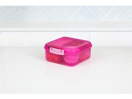 Sistema Dělený svačinový box Lunch Bento Cube s nádobou na jogurt a 2 tácky 1,25 l, růžová