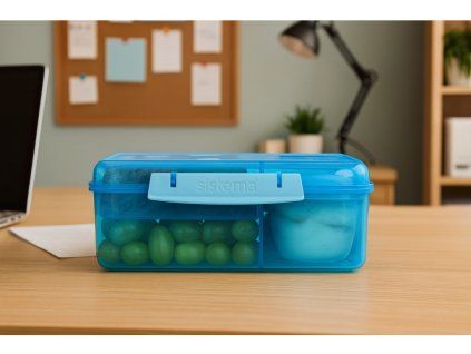 Sistema Dělený svačinový box Lunch Bento s nádobou na jogurt a 2 tácky 1,65 l, modrá