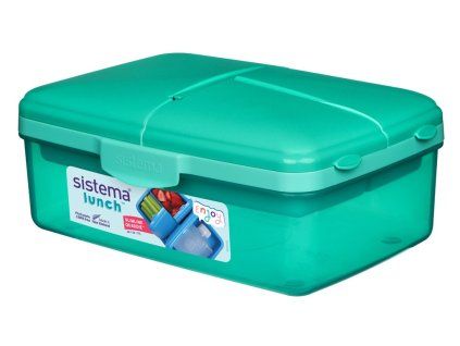 Sistema Dělený svačinový box Lunch Quaddie 1,5 l se 3 výklopnými přihrádkami ve víku a s lahví na pití, mátová