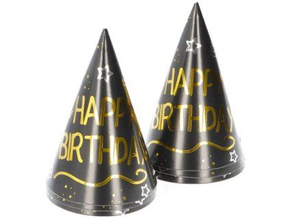Párty čepice Happy Birthday černé zlaté 6 ks