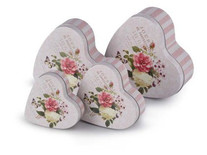 Plechová dóza ve tvaru srdce Journal, set 4 ks, 140x50x135/ 120x40x115/ 100x30x95mm