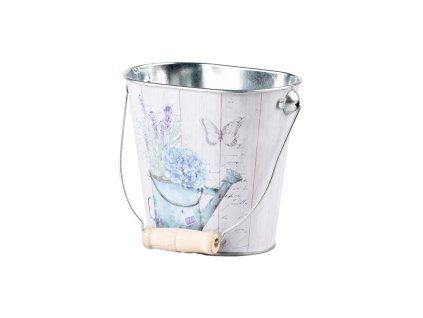 Plechový květináč oválný s uchem design konev s květinami, barevný 125x80x110mm