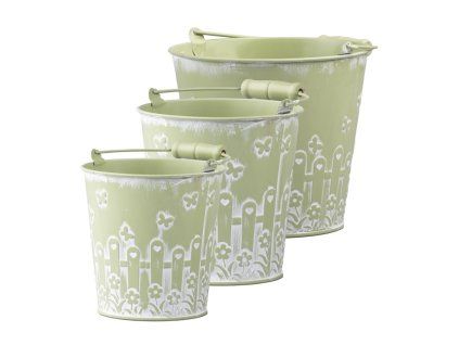 Plechový květináč 3 ks set oválný s uchem Jaro, zelená 160x140x245mm 140x135x220mm 120x120x205mm