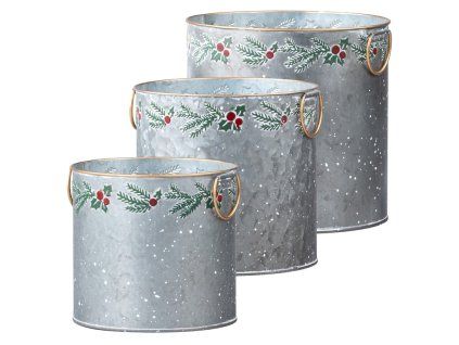 Plechová kulatá dóza s uchy a bordurou, šedá, set 3 ks, 162x150/185x175/210x98mm
