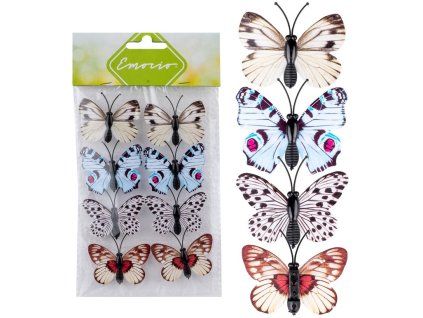 Dekorace plastová motýli s lepíkem mix barevná 8ks 45x35mm