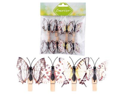 Dekorace plastová + dřevo mix barevná 8ks motýli na kolíčku 45x55mm