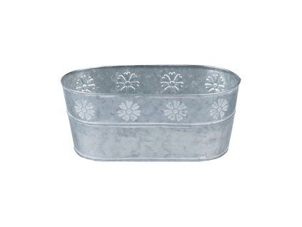 Plechový květináč oválný bordura kvítek, šedá, bílá 240x120x100mm