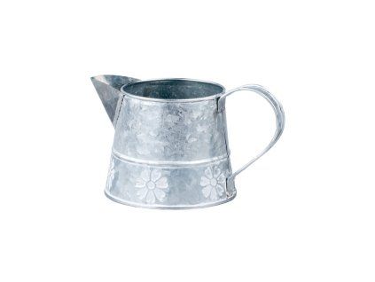 Malá plechová konev bordura kvítek, šedá, bílá 185x115x105mm