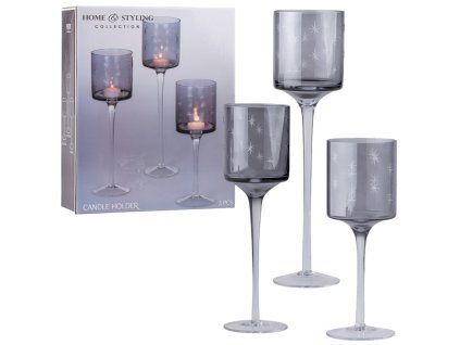 Skleněný svícen na nožičce sada 3ks 90x250/90x300/90x350mm, kouřavá
