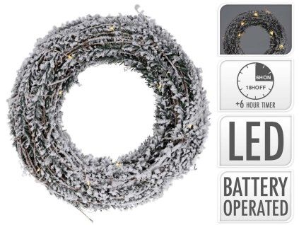 LED Věnec vánoční ratan 300x70x300mm na zavěšení s glitrem, zasněžený, bílá