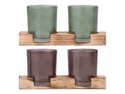 Svícen sklo set 2ks 190x70x90mm na dřevěném tácku, mix barev
