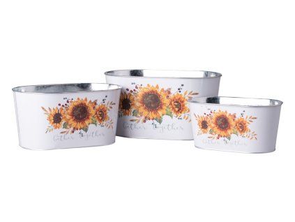 Květináč plechový 3ks set 190x90/225x110/260x135mm oválný slunečnice, bílá, žlutá, hnědá