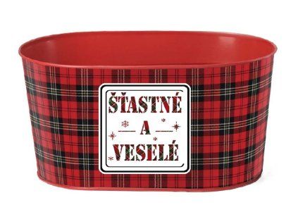 Květináč plechový 225x110mm oválný "Šťastné a veselé" kostička, červená, černá, zelená