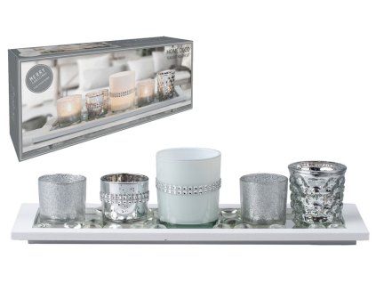 Svícen sklo 6ks set 190x70x90mm na dřevěném tácku, bílá stříbrná