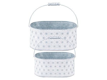 Květináč plechový oválný s uchem geometrický design set 2 ks 285x145x135/340x180x155mm, šedá, bílá