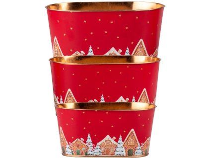 Květináč plechový oválný zimní vesnička 3 ks 255x155x130/ 225x135x110/195x110x90mm, barevná
