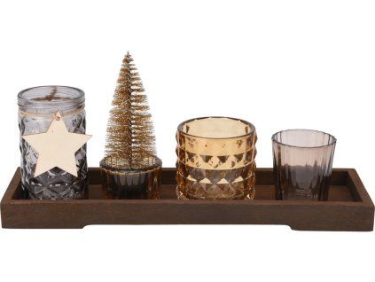 Svícen set 6ks sklo na dřevěném tácku 55x38/57x60/57x97/70x67mm, barevná
