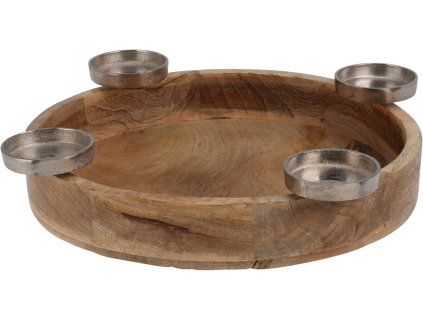 Adventní kovový svícen na 4 čajové svíčky na dřevěném kulatém tácku 400x400x70 mm, přírodní