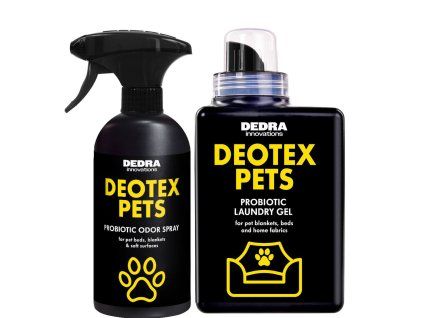 DEOTEX PETS | Praktický set pro domov plný mazlíčků | pohlcovač pachů & speciální tekutý prací prostředek s probiotiky | 500 ml + 525 ml