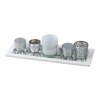 Svícen sklo 6ks set 190x70x90mm na dřevěném tácku, bílá stříbrná
