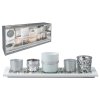Svícen sklo 6ks set 190x70x90mm na dřevěném tácku, bílá stříbrná