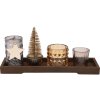 Svícen set 6ks sklo na dřevěném tácku 55x38/57x60/57x97/70x67mm, barevná